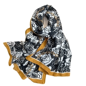 Long cotton linen scarf with vintage black white rose floral and gold chain prints