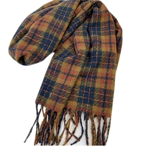 Winter plaid scarf with orange and blue fringe, soft warm imitation cashmere wrap