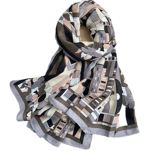 Elegant long cotton linen scarf featuring modern geometric floral patterns in grey tones