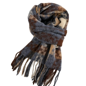 Winter thick plaid scarf in dark blue and caramel brown with long tassels for women