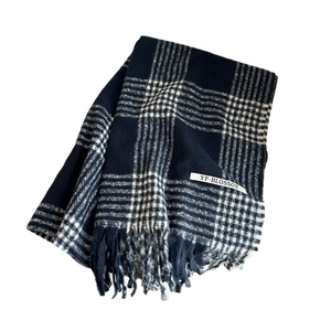 Classic dark blue and white plaid scarf with fringe tassels for winter warmth