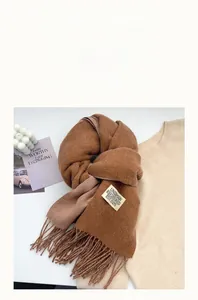 Detail of soft brown cashmere-like scarf featuring fringe and woven brand label