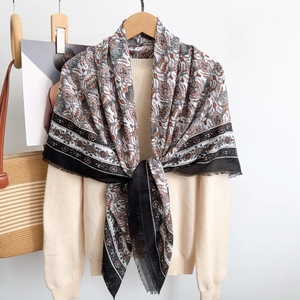 Elegant thistle pattern shawl with red and gray vintage paisley print and black border