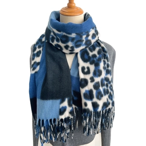 Blue leopard print winter scarf with tassels for women, warm thick pashmina shawl accessory