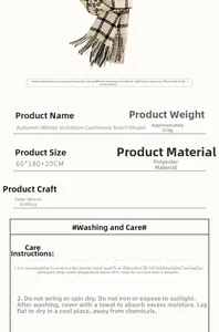 Specifications of plaid cashmere-like scarf showing 60x180cm size and polyester fabric