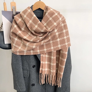 Classic plaid scarf with fringe in coffee and white, paired with a dark wool coat