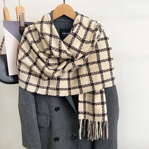 Women Winter Plaid Scarf Faux Cashmere Soft Tassel Shawl Thick Warm Grid Wrap Fringe Neck Scarf Fashion Accessories