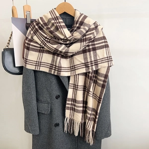 Winter Warm Plaid Scarf For Women Faux Cashmere Large Shawl Wraps With Tassels Soft Fashion Checked Neck Warmer
