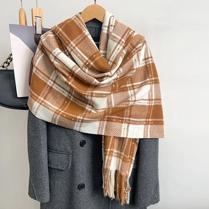 Écharpe à Carreaux Style Coréen Femmes Hiver Épaisse Chaude Faux Cachemire Châle Avec Gland Mode Écharpe de Cou Polyvalente