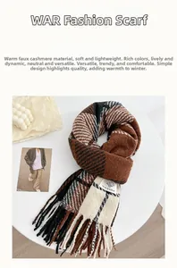Detail of soft imitation cashmere scarf featuring retro plaid pattern and classic fringe