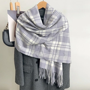 Winter plaid scarf in soft light purple and white cashmere feel with tassel fringe