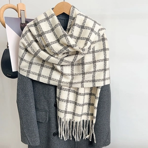 Classic long plaid scarf with tassels, grey and white checkered pattern for winter