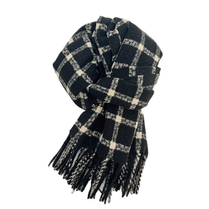 Classic black and white checkered plaid scarf with soft fringe tassels for winter warmth