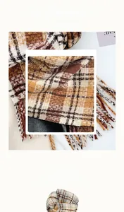 Close-up of premium plaid scarf fabric texture and soft tassels in brown and beige