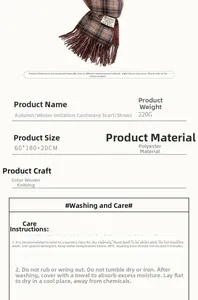 Detailed chart showing size and care for the brown plaid autumn winter scarf with tassels