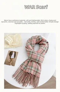 Close-up of soft plaid pattern scarf with delicate fringe details and cashmere-like texture