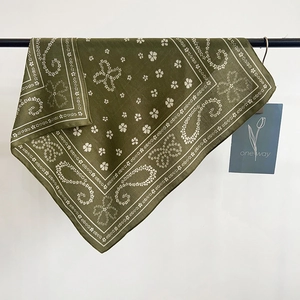 Olive green paisley square scarf with delicate floral print and vintage aesthetic