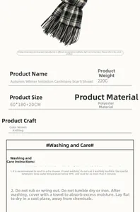 Detail showing classic plaid scarf specifications with material and care instructions text