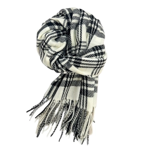 Classic black and white checkered plaid scarf with long soft tassels in winter style