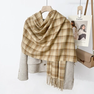 Classic plaid checkered scarf in beige and coffee brown with soft tassel fringes