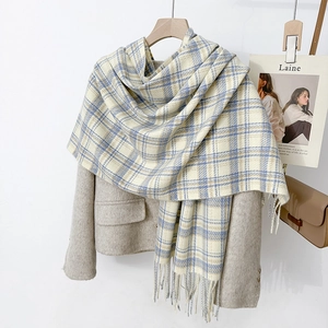 Women Plaid Cashmere-like Scarf Winter Thick Warm Checkered Shawl With Tassels Soft Polyester Large Wrap Scarf For Ladies