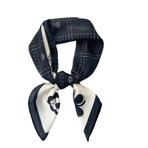 Elegant black and white camellia pattern square silk scarf with vintage grid design