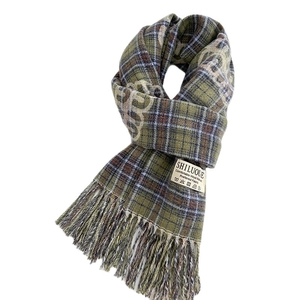 Classic green and blue plaid wool blend scarf with fringe for winter warmth