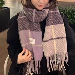 Purple and grey plaid oversized tassel scarf for women featuring a cozy wool-like texture