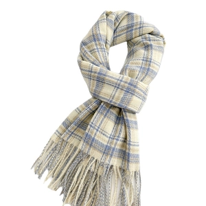Classic plaid scarf in beige and navy blue with fringe details for autumn and winter