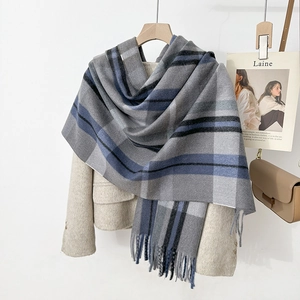 Winter Karo-Schal mit Fransen für Damen und Herren, dicker Strickschal grau-blau pashmina