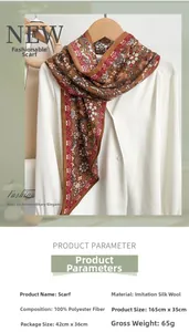 Detail view of ethnic floral scarf on a wooden hanger with 165x35cm dimensions