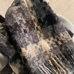 Classic black and grey checkered winter scarf with tassels, thick warm wool-like material