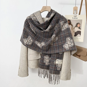 Checkered cashmere scarf with cute bear embroidery and tassels for autumn winter warmth