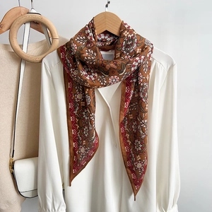 Vintage Ethnic Floral Print Long Ribbon Scarf Women Retro Soft Polyester Satin Like Wrap Autumn Daily Fashion Accessories