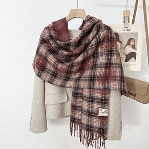 Women Plaid Bear Faux Cashmere Scarf With Tassels Soft Winter Check Pashmina Wrap Shawl Fashion Warm Neck Warmer For Ladies