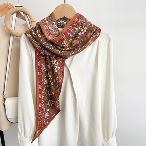 Ethnic floral double-sided silk-like scarf with vintage flower patterns on brown fabric