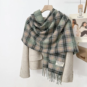Classic color-block plaid scarf with fringes paired with an elegant beige wool blazer