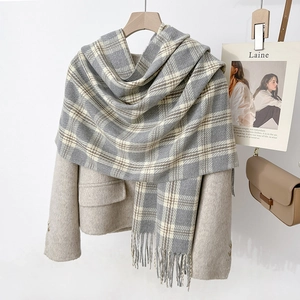 Écharpe à Carreaux avec Glands pour Femme Hiver Épaisse Chaude Polyester Châle Vintage Doux Tour de Cou Accessoire Mode Coréenne