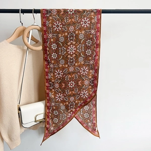 Ethnic floral double-sided silk-feel long skinny scarf with retro patterns and pointed ends