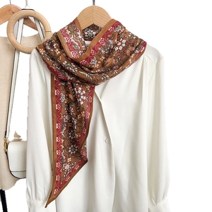 Ethnic floral double-sided silk-feel skinny scarf in retro brown with intricate flower patterns