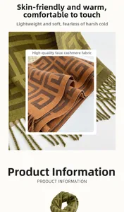 Detail showing high-quality olive and brown cashmere-like scarf with geometric pattern