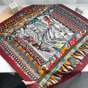 Vintage leopard print silk scarf with artistic landscape painting and floral pattern
