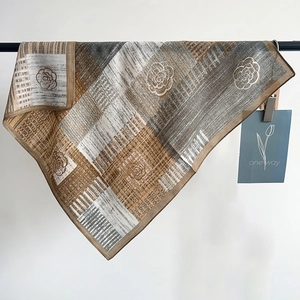 Elegant geometric square scarf with white camellia pattern in brown and grey tones