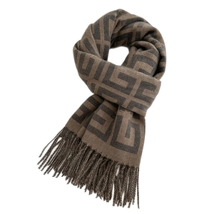 Winter faux cashmere scarf with geometric logo pattern and elegant tassels in coffee brown
