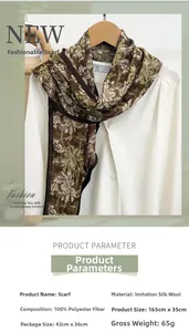 Detail view of printed floral scarf showing 165x35cm dimensions and faux silk wool texture