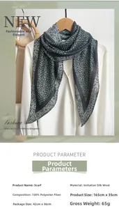 Detailed specs for black floral silk-like scarf, 100% polyester, 165x35cm size