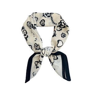 French style square silk scarf with floral hand-drawn patterns and black contrast borders
