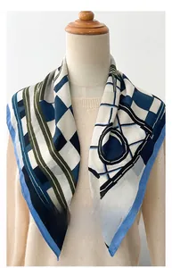 Detail of herringbone pattern silk scarf with blue and green geometric design 68cm