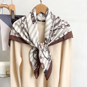 Women Elegant Polyester Printed Square Scarf Vintage Chain Horse Bit Pattern Satin Feel Shawl Large Neck Wrap Accessory
