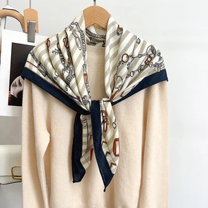 Elegant beige silk-feel scarf with vintage chain horse harness print for women